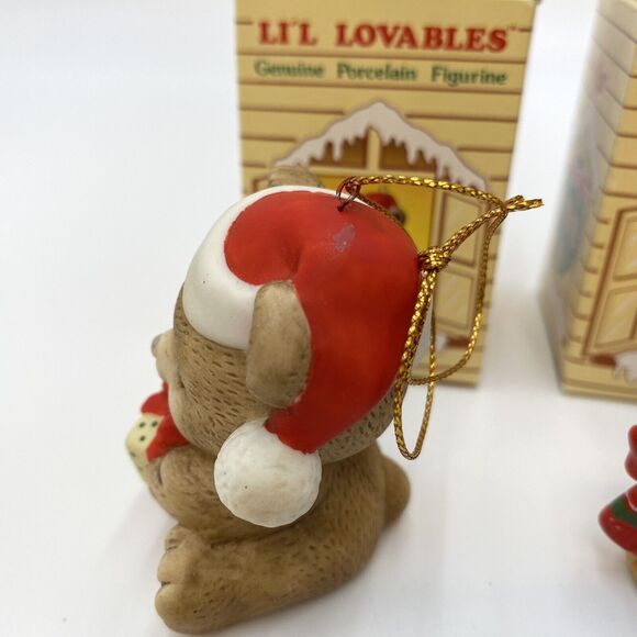 3 Russ Berrie Li'l Lovables Mini Porcelain Figurine Christmas Ornaments Cat Bear - Picture 3 of 9